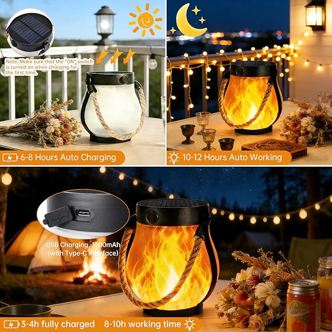 2 Pack Solar Lanterns Outdoor Waterproof, Flickering Flame Hanging Lanterns Decorative Outdoor with 2 Modes, Dual Charging USB & Solar-Powered Outdoors Lantern for Porch Yard Patio Tree Garden Decor