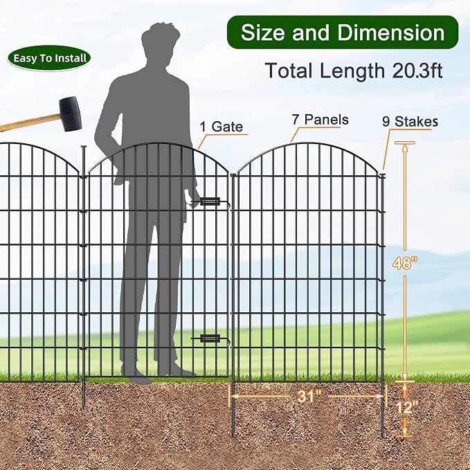 FOREHOGAR Metal Garden Fence with Gate 48in (H) x 20.3ft (L), 1 Gate+ 7 Panels Dog Fences Border Fence Animal Barrier, No Dig Garden Fencing for Yard Flower Bed Lawn Patio Outdoor, ECG4808G, Black