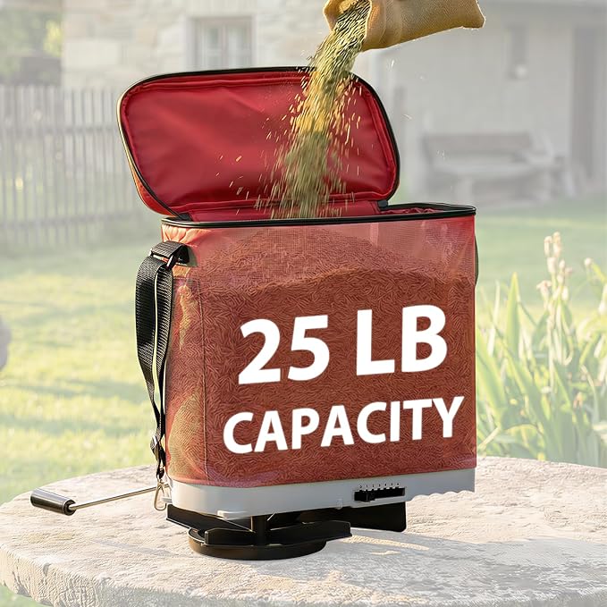 Salcod 25LB Bag Seed Spreader for Lawn, Adjustable Handheld Fertilizer Spreader with Shoulder Strap, Broadcast Grass Seed Spreader for Lawn Care, Garden Seeding, Yard Fertilizing