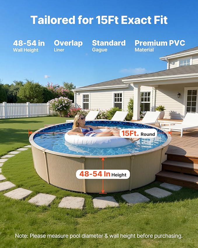 VEVOR 15-ft Round Above Ground Pool Liner, Overlap Pool Liners, Standard Gauge Vinyl, 48-to-54inch Wall Height, Designed for Steel Sided Above-Ground Swimming Pools