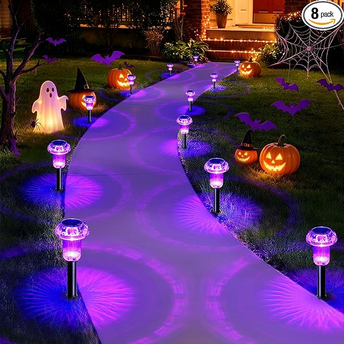 Priddop Solar Halloween Lights Outdoor Waterproof 8Pack Purple LED Mushroom | Yard Pathway Garden Decorative Patio Landscape Path Walkway Spike Pattern Acrylic Cap ABS Stake Outside Halloween Decor