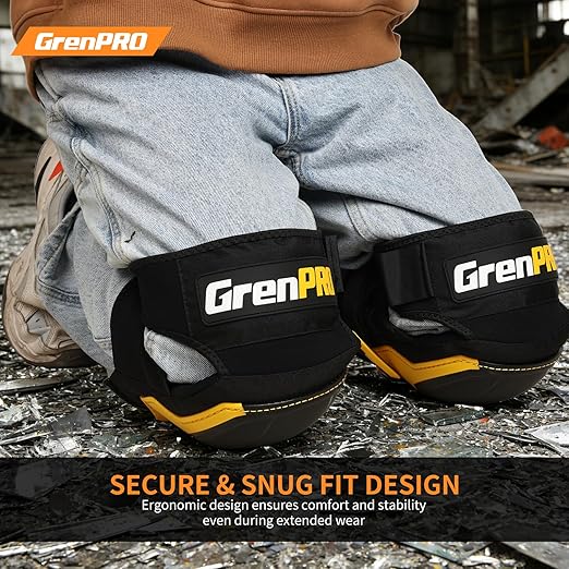 GRENPRO Black Knee Pads for Work - Heavy Duty EVA & Gel Support for Construction, Flooring, Gardening and Cleaning