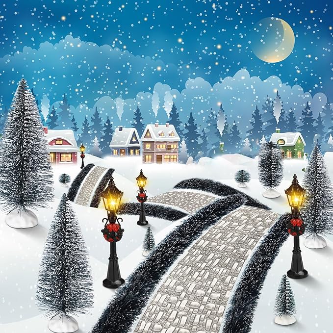 Hotop 18pc Christmas Village Accessories 47.2 Inch Village Roads Mini Snowy Trees Streets Light Lamppost Hedge Figurines Set for Display Winter Holiday Decorations DIY Crafts No Batteries(Modern)