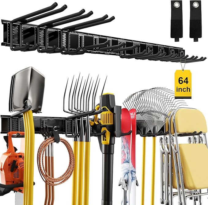 64" Garage Tool Organizer Wall Mount, 900 lbs Heavy Duty Steel Garden Tool Storage Rack with 12 Adjustable Hooks for Yard, Shed, Garage (4 Racks, 12 Hooks, 2 Straps)