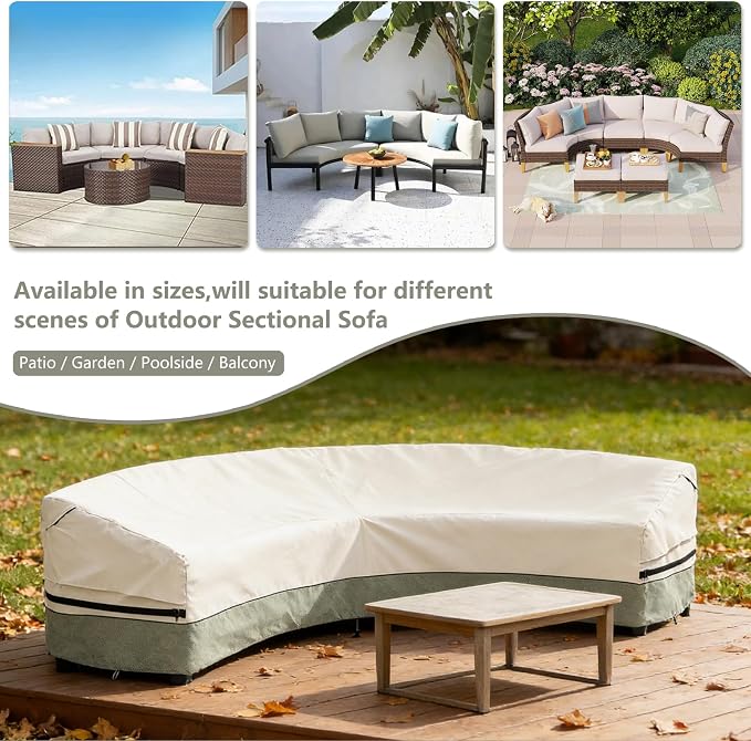 Okcool Outdoor Sectional Cover,Curved Patio Furniture Covers for 5-7 Seater Outdoor Furniture Couch,190"(Back Arc Length) / 126"(Front Arc Length) x 32"(Deep),White&Grayish Green