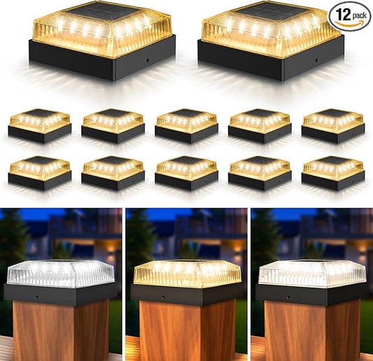 Solar Post Cap Lights, 12-Pack Fence Post Solar Lights for 4x4 Wood/Vinyl Posts, IP65 Waterproof, 10-12 Hours of Illumination with 3 Lighting Modes for Garden/Patio/Porch - Black