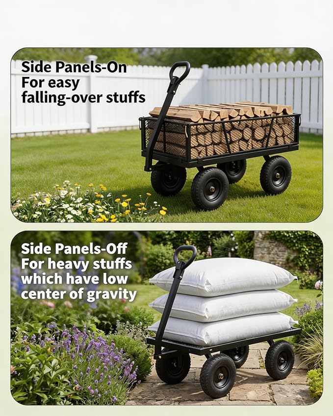 GarveeTech 1200LBS Heavy Duty Steel Garden Cart, Garden Wagon Cart on Wheels, Metal Yard Utility Wagon with Removable Mesh Sides, 13" All Terrain Tires, 180° Rotating Handle for Lawn, Garden, Farm