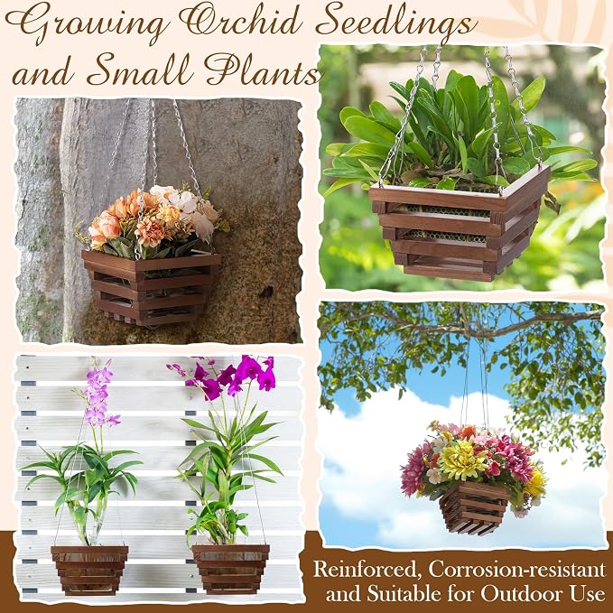 SiliFine 6 Sturdy Orchid Hanging Baskets, Wooden Plant Hanging Baskets, Handmade Inverted Trapezoidal Suitable for Orchids and Other Plants, Staghorn Ferns for Outdoor and Indoor Use, 6 Inch(Wooden)