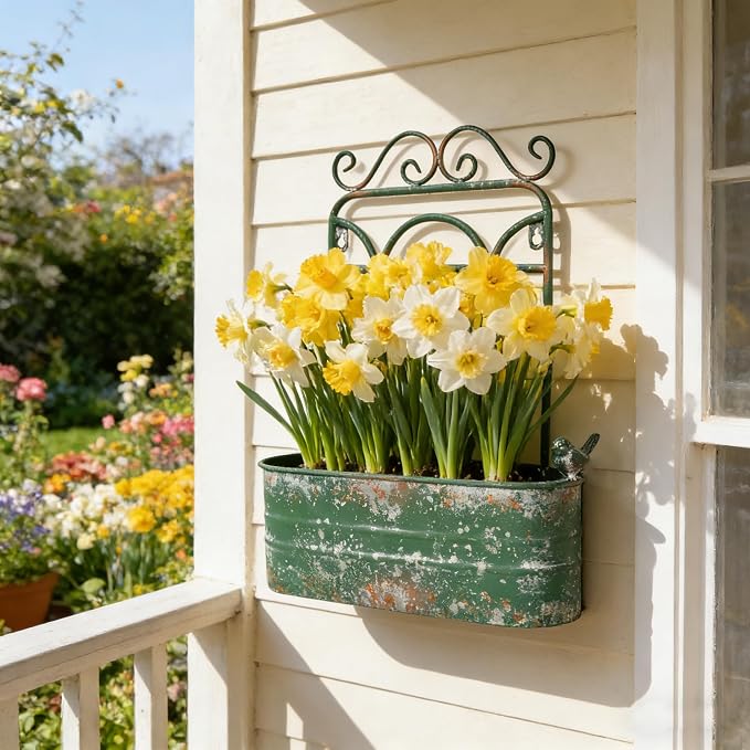 Rustic Metal Wall Planter Vintage Wall Mounted Flower Pot Distressed Wall Hanging Plant Basket Farmhouse Wall Decor for Indoor Outdoor Garden Home Yard (Green)