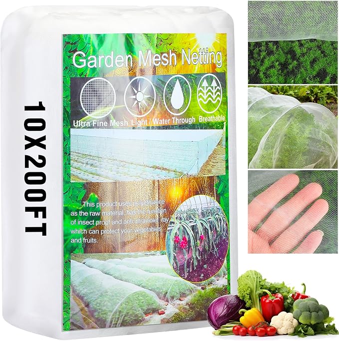 Woanger 10 x 200 ft Garden Netting Ultra Fine Plant Covers to Protect Vegetable Plants Fruit Tree Mesh Netting for Greenhouse Row Patio Barrier Blueberry Bushes Screen(White)