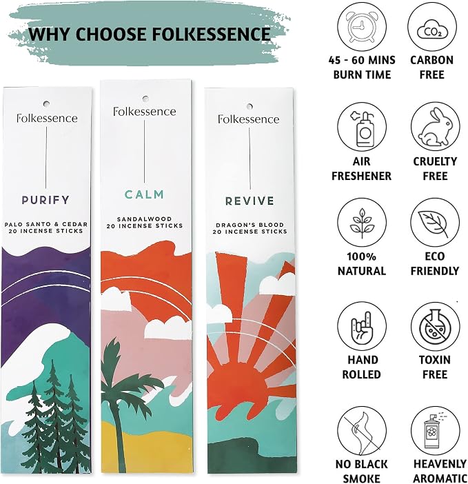 Folkulture Incense Sticks (120 Sticks) | Set of 6 Premium Incense For Calm, Aromatherapy, Daily Use| No Charcoal,Organic, Non Toxic, 45 Mins, Long Burning Lavender, Patchouli,Sandalwood Insence-Sticks