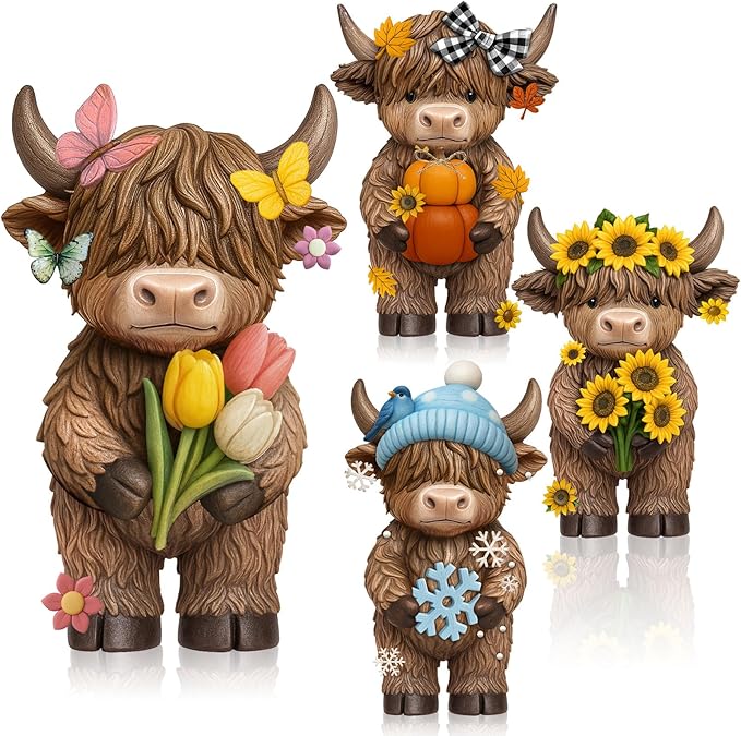 Simgoing 4 Pcs Seasonal Highland Cow Figurines, Spring Summer Fall Winter Gnomes 4 Seasons Highland Cow Home Decor Table Centerpieces Scottish Resin Statue Calf Gifts for Home Garden Kitchen Office
