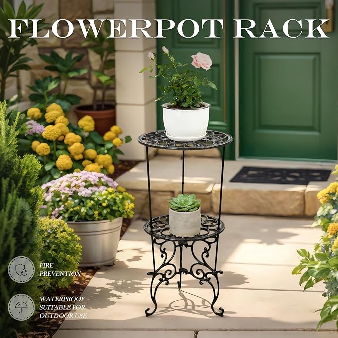 Heavy-Duty Cast Iron Plant Stand 26-Inch Double-Layer Metal Plant Rack, Heavy-Duty Corner Plant Stand for Indoor and Outdoor Decoration Vintage Garden Pots Container Supports