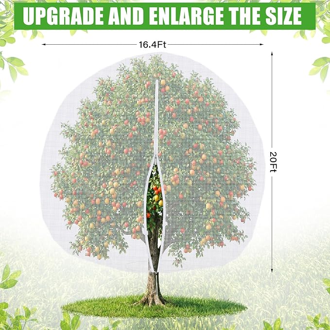 20 x 16.4 ft Large Fruit Tree Netting for Protecting Fruit from Squirrels Birds Bug Deer & Rat Garden Mesh Netting with Zipper and Drawstring for Blueberry Peach Apple Garden Bushes