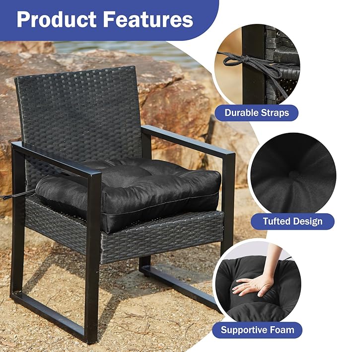 IPYNBAP Outdoor Chair Cushions Set of 2, Patio Chair Cushions with Ties,19x19+5” Tufted Outdoor Seat Cushions, Waterproof Patio Furniture Cushions, Outdoor Dining Chair Pads, Black