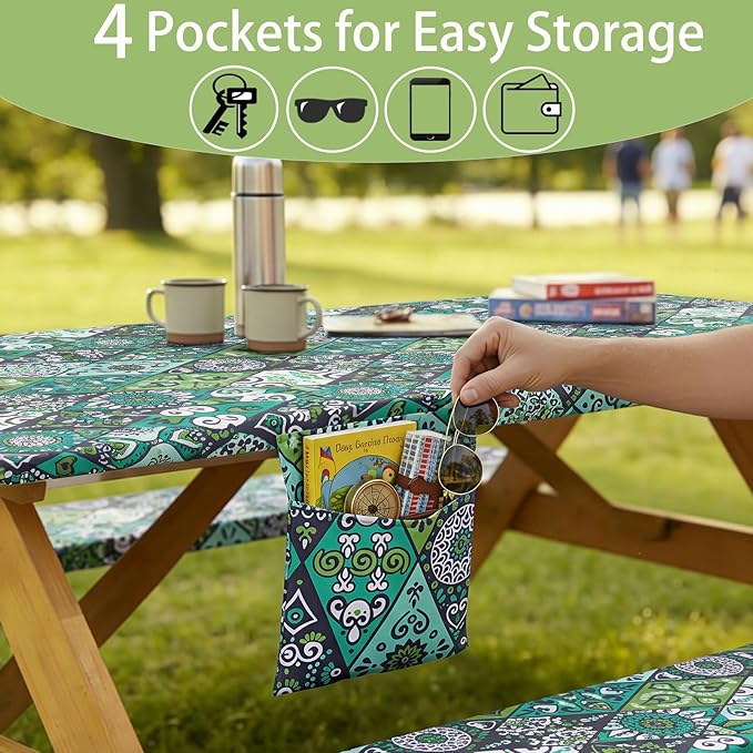 Fitted Waterproof Picnic Table Cover with Bench Covers Elastic 96×30In 3 Piece Camping Table Cloth for 8Ft Rectangle Tables Outdoor Camper Gifts Supplies Patio Rv Traveling Hiking Must Haves