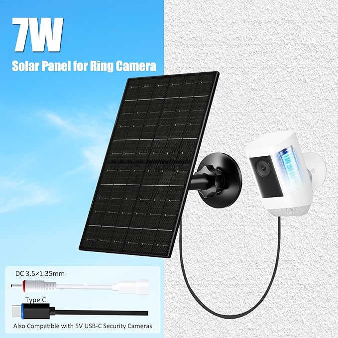7W Solar Panel for Ring Camera, Solar Charger with USB-C & 3.5mm Ports for Ring Stick Up & Spotlight Cam Series, IP66 Waterproof, 360° Adjustable Mount, 8.8ft Charging Cable, Black