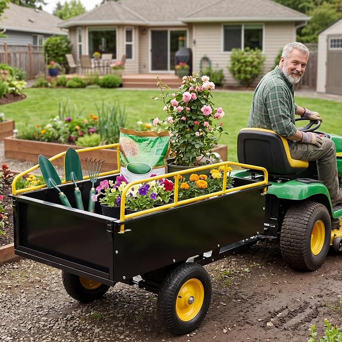 Garvee 750LB Heavy Duty Garden Dump Cart, 15 Cu ft Garden Trailer Steel Garden Cart with Removable Sides, Utility Wagon Tow Behind ATV UTV Lawn Mower Tractor, Foot Pedal Quick Dump