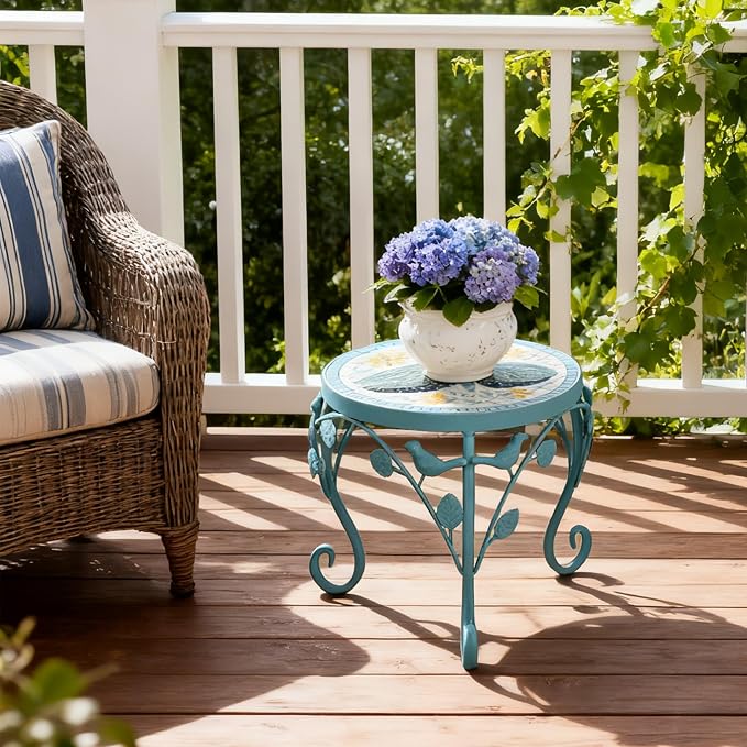 Set of 2 Plant Stand for Indoor Outdoor, Heavy Duty Cast Iron with 10" Ceramic Tile Top Plant Table, Tall Vintage Decorative Plant Rack, Mosaic Flower Pot Holder for Home Garden Porch Yard Patio