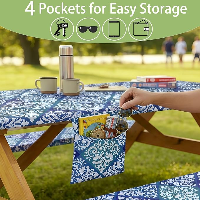 Fitted Waterproof Picnic Table Cover with Bench Covers Elastic Reusable Camping Table Cloths for 6Ft Rectangle Tables Summer Camp Motorhome Party Gear Outdoors Car Travel Trailer Gadgets Gift