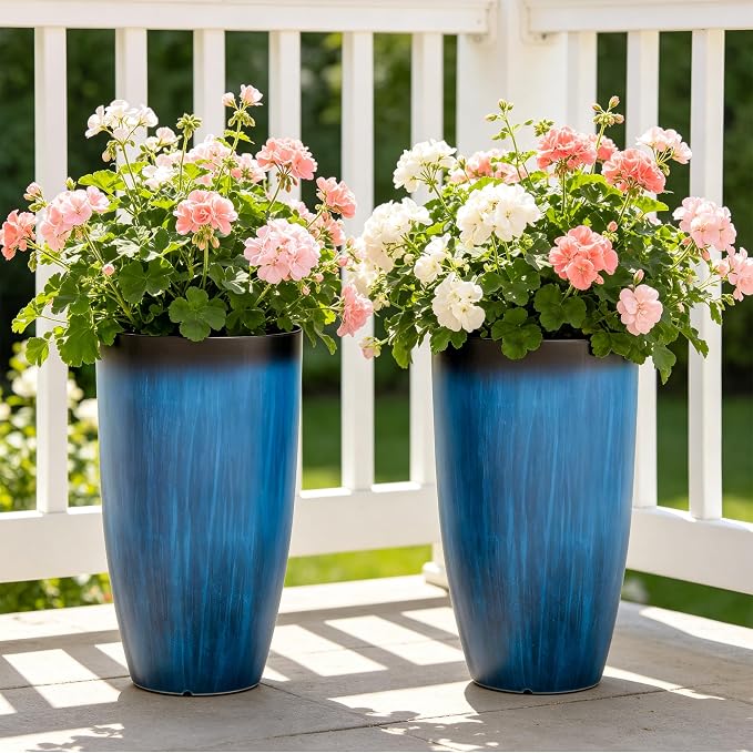 23.75" Round Tall Planters, 2-Pack Large Flower Pots for Indoor Outdoor Plants, UV-Protect PP Container for Garden Patio Yard Balcony Porch or Home Decor, Artistic Floating Cobalt Blue Glaze