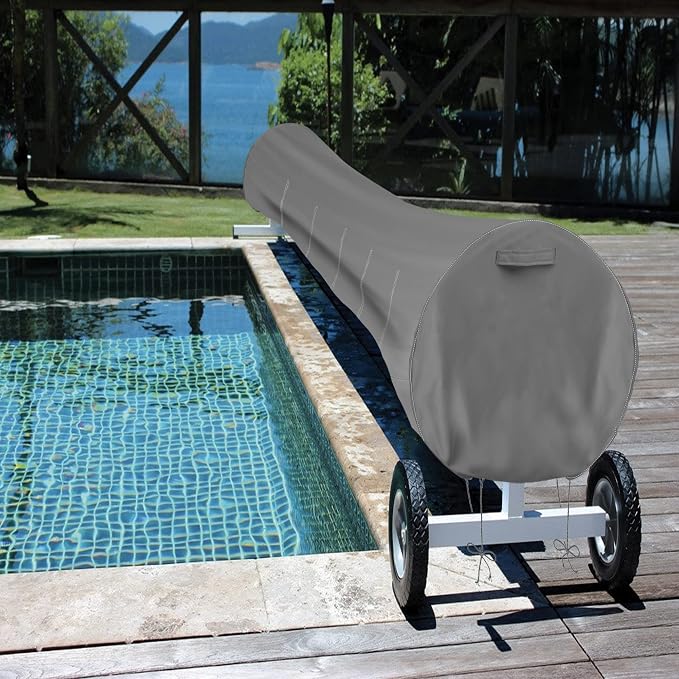 Pool Solar Reel Cover 600D Wind Resistant for 20 Ft Solar Blanket Reel Gray | UV Protection, Weather Protection, Secure Straps, Hook & Loop Design, Black Trim, Pool Storage, Solar Blanket Reel Cover