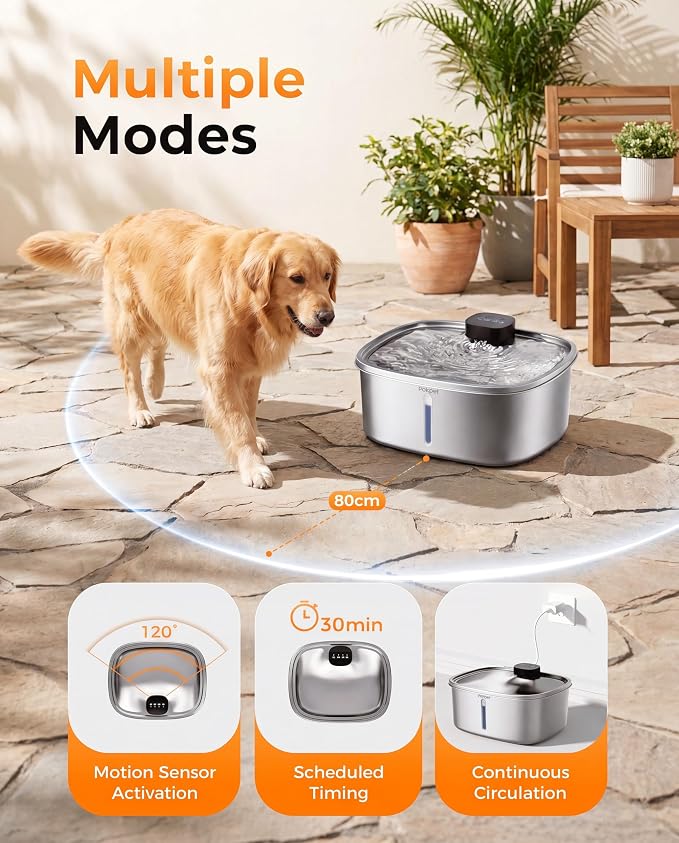 Water Fountain for Dogs Home Outdoor Multi-Pet Stainless Steel 10L/2.64gal Wireless Large Dogs Motion Sensor Dispenser Filtered Cordless Bowl Waterer -Wireless Stainless Steel&1Filters