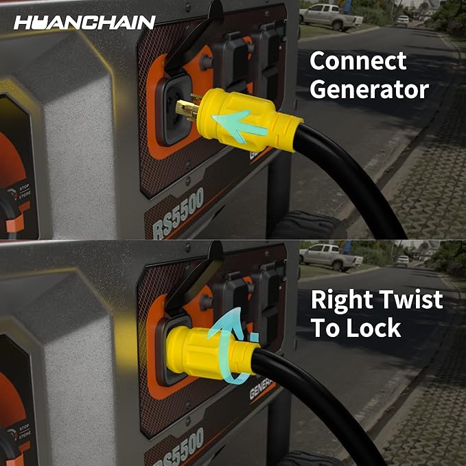 huanchain 3 Prong 30 Amp Generator Cord 25 Feet Heavy Duty,NEMA L5-30P/L5-30R 10 Gauge 125V SJTW Yellow Lock Generator Extension Cord Waterproof, ETL Listed