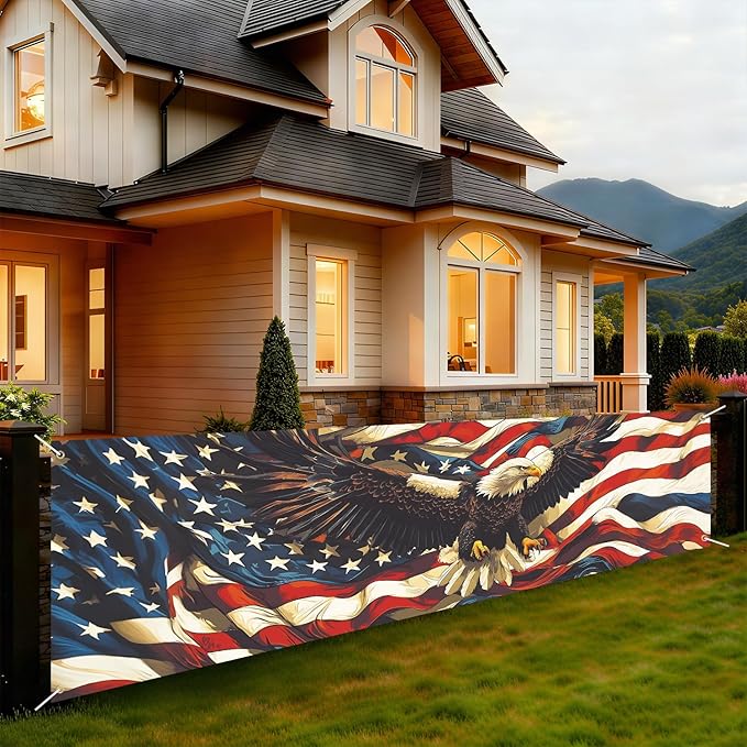 American Flag Eagle Fence Banner 118 x 35 Inch, Large Waterproof Outdoor Patriotic USA Banner with Bald Eagle for Yard Porch Fence 4th of July Independence Day Decorations