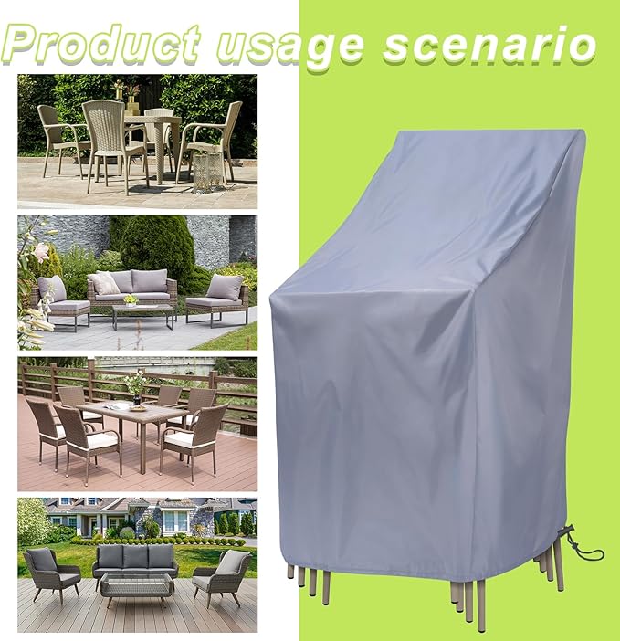 Stackable Patio Chair Cover, Outdoor Chair Cover Waterproof, Stacked Chairs Lawn Chair Covers Outdoor Stack Chairs for All Weather Protection (Grey, 25"L x 25"W x 47”H)