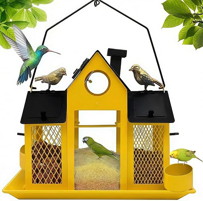 Solar Bird Feeders House for Outside Hanging, Metal Wild Bird Feeder for Outdoors Large Capacity Cardinal Birdfeeder Birdhouses Metal Bird Feeding Station Yellow