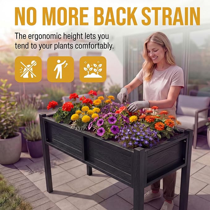 DWVO Raised Planter Box with Legs Raised Garden Bed HDPE Poly-Wood All-Weather Elevated Garden Bed with Drainage System Planter Boxes Outdoor for Herbs Vegetables Flowers, Black