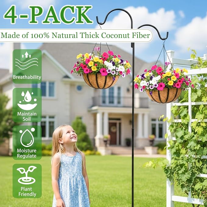 Hanging Planters for Outdoor Plants 4 Pack 12 inch Metal Hanging Flower Basket with Coco Coir Liner Wire Plant Holder Watering Flower Baskets Pot Hanger Garden Decoration for Indoor Outdoor(DQL)