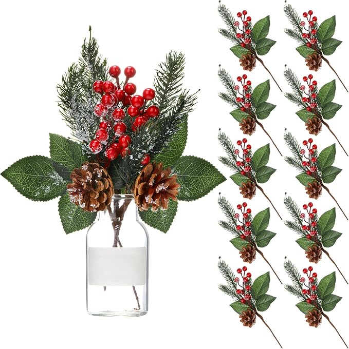 Boao 12 Pcs 11'' Large Christmas Pine Picks Tree Decoration Red Berry Picks and Sprays with Cone Artificial Fake Branches Snowy Floral Flower Holly Pine for Tree Crafts Decor Faux Stem
