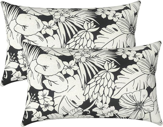LVTXIII Outdoor/Indoor Lumbar Pillows, Decorative Patio Lumbar Cushions, Fluffy Fade Resistant Throw Pillow Cushions for Home Patio Coach Sofa, 12×20 Inch, Pack of 2, Tropical Blossom Noir