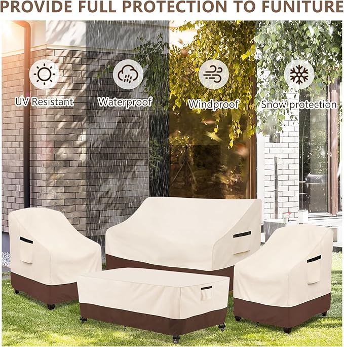 Rileytee Patio Furniture Set Covers, 4 Piece, 600D Heavy Duty Waterproof, for Loveseat, Chair and Coffee Table, (Beige and Brown,Medium)