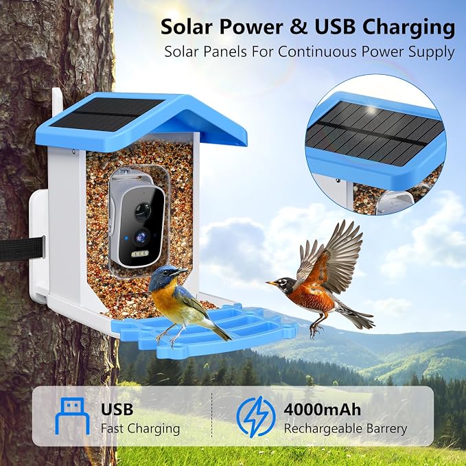 Smart Bird Feeder with Camera, AI Bird Species Identification Solar Powered Panel, 2.5k HD Video Bird House with Camera for Outside Garden, Ideal Gifts for Lover, Father's Day, Blue