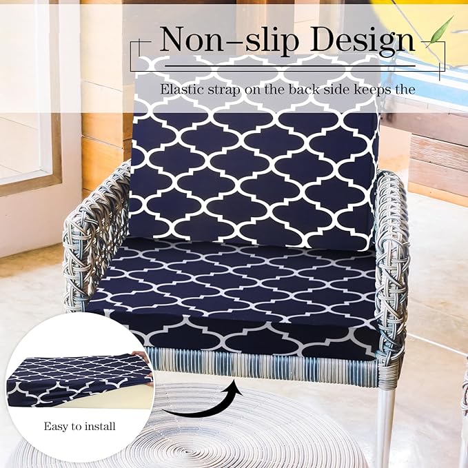 Newwiee 4 Pcs Waterproof Outdoor Cushion Covers for Patio Furniture Stretch Outdoor Couch Cushion Covers Replacement Moroccan Pattern Chair Seat Sofa Slipcovers Soft Flexibility Protector(Navy Blue)