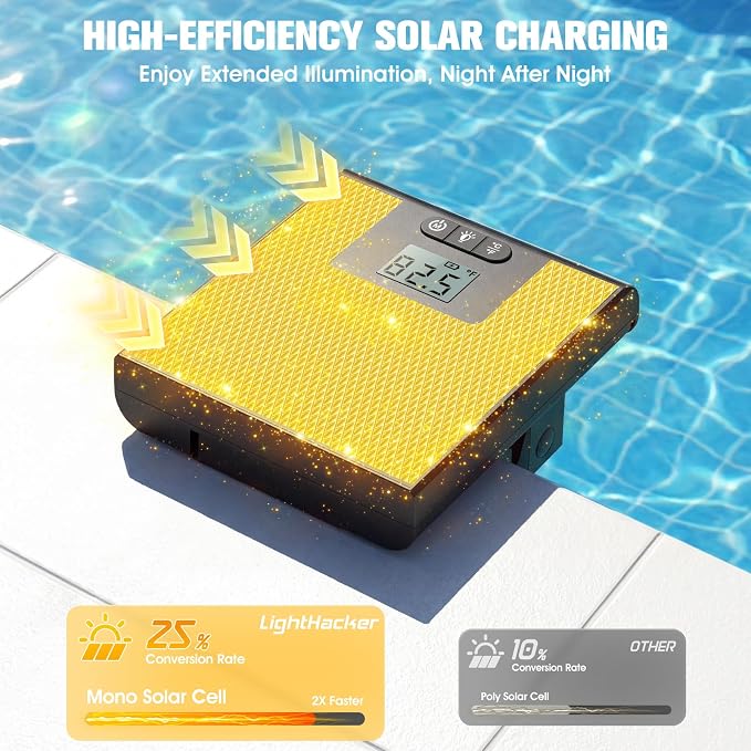 Solar Pool Lights for Inground Pools,Upgraded Solar Lights with LCD Pool Thermometer, Underwater Submersible Led Light for Pool Accessories, Swimming Pool Lighting with 10 Light Modes, 2PC