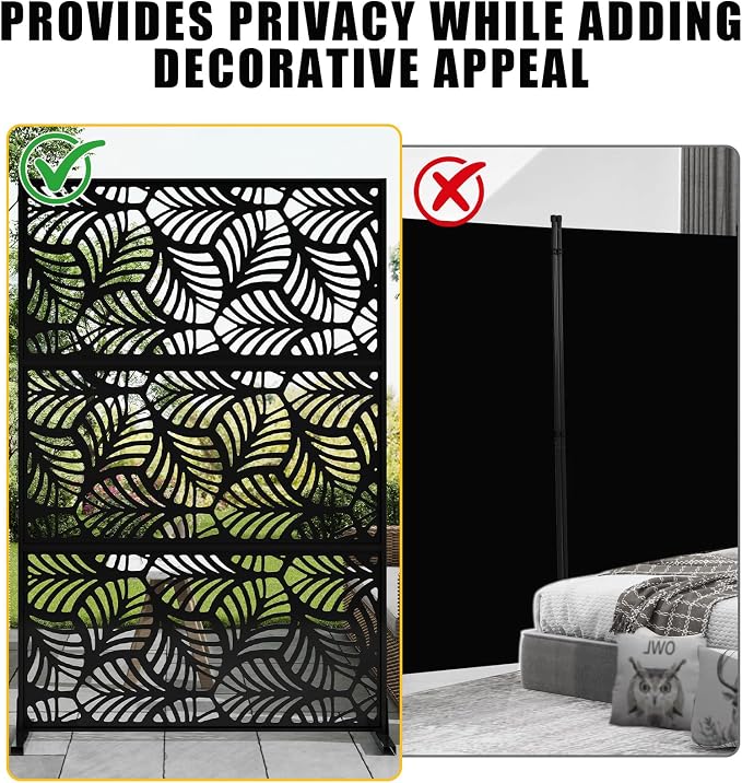 72" h × 47" w Outdoor Privacy Screen, Laser Cut Metal Garden Divider Panel with Tropical Leaf Design, Freestanding Weatherproof Privacy Fence for Patio Deck Backyard Balcony