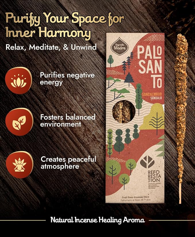 Sagrada Madre 4pcs Wildly Harvested Palo Santo Incense Sticks (Sandalwood), 6.7” Long - Non-Toxic, Aromatic Incense Sticks (50 min Approx. Burning Time) to Heal & Calm Your Body and Environment