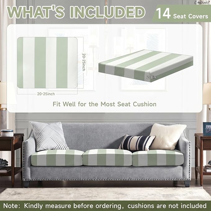 CALBODE 14 Pcs Outdoor Seat Cushion Covers, Green Striped Stretch Chair Seat Cover for Patio Furniture Cushions Washable Reusable Indoor and Outdoor Couch Cover Replacement (Grassy, Cover Only)