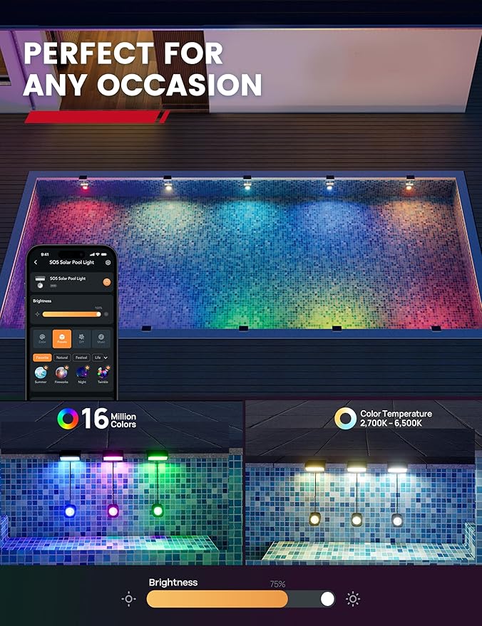 Enhulk Solar Pool Lights with RGBW APP Control,IP68 Waterproof Smart Solar Power Pool Lights for Above Ground Pool,Led Pool Lights for Inground Pool, Pond, Patio, Black 2 Pack