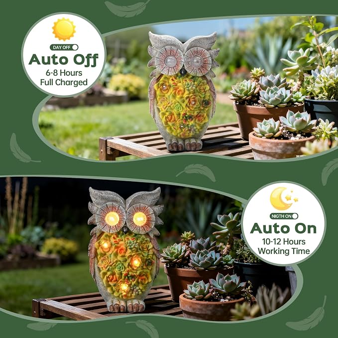Solar owl Garden Statues Outdoor Decor, Resin Owl Figurine Decorations with Solar Light, Whimsical Owl Sculpture for Patio, Balcony, Yard, Lawn Ornament, Perfect Garden