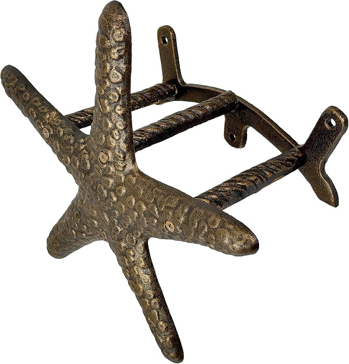 Zeckos 12 Inch Cast Iron Starfish Garden Hose Holder, Bronze Coastal Wall Mounted Hose Hanger with Matching Hardware for Outdoor Yard, Beach House, Garden or Patio Decor