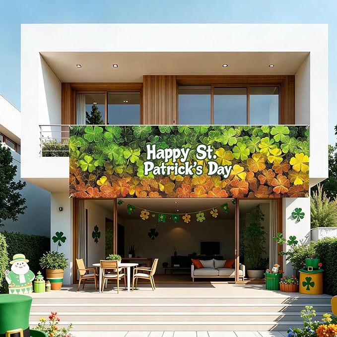 Happy St. Patrick’s Day Fence Banner 118 x 35 Inch, Large Waterproof Outdoor Shamrock Clover Banner for Yard Porch Fence Irish Party Decorations