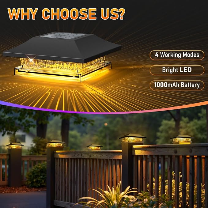 2 Pack Solar Post Cap Lights, Outdoor Fence Solar Powered Cap with 4 Lighting Modes Waterproof Light Decorative for Deck Patio or Garden Decor, Fits 4x4 Wood Vinyl Posts
