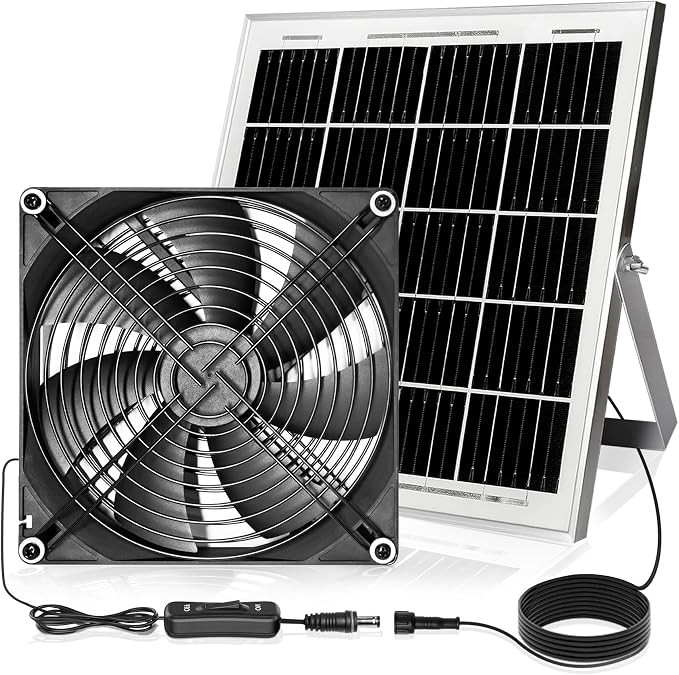 7.1" Solar Powered Exhaust Fan, 16.5 ft Cord + 25W Solar Panel Greenhouse Ventilation Fan, 3800RPM IPX7 Waterproof Solar Vent Fan for Chicken Coop, Shed, Dog House, Outdoor Intake & Exhaust