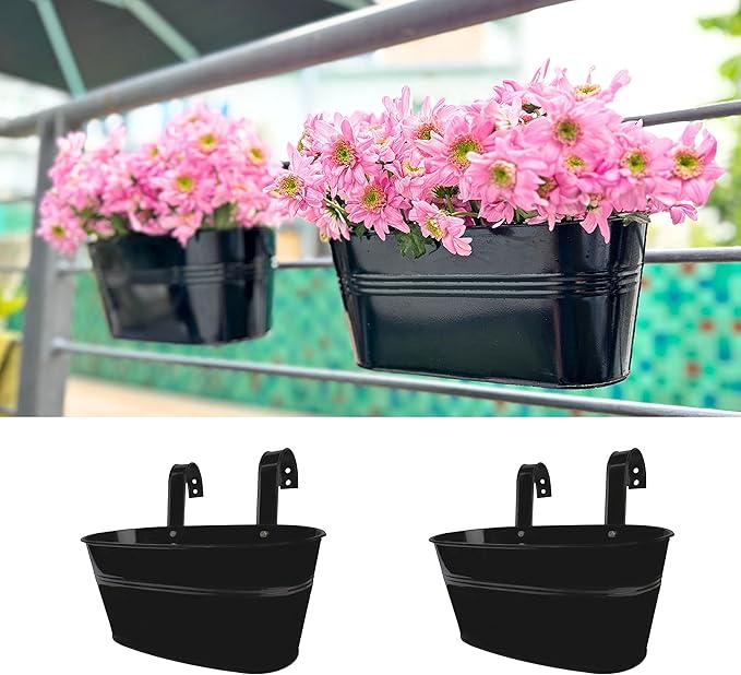 LaLaGreen Rail Planter Outdoor Plants (2 Pack, 9.8 Inch) Small and Cute Metal Iron Hanging Flower Pots Deck Railings Black Fence Bucket, Boho Style Wall Mount Window Box Plant Holder Hooks Porch Decor