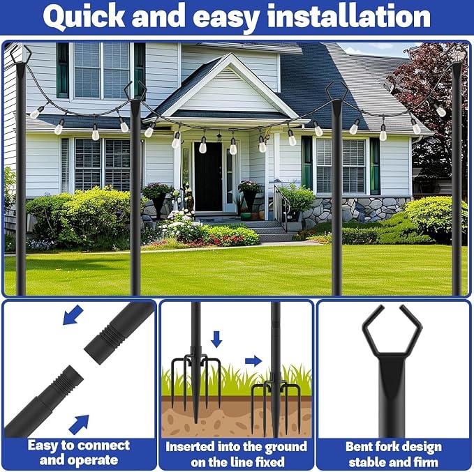 10 Pack 10 ft Heavy Duty Metal String Light Poles Adjustable Outdoor Lighting Stand for Patio,Backyard,Garden,Party & Wedding Rustproof & Sturdy with Hooks